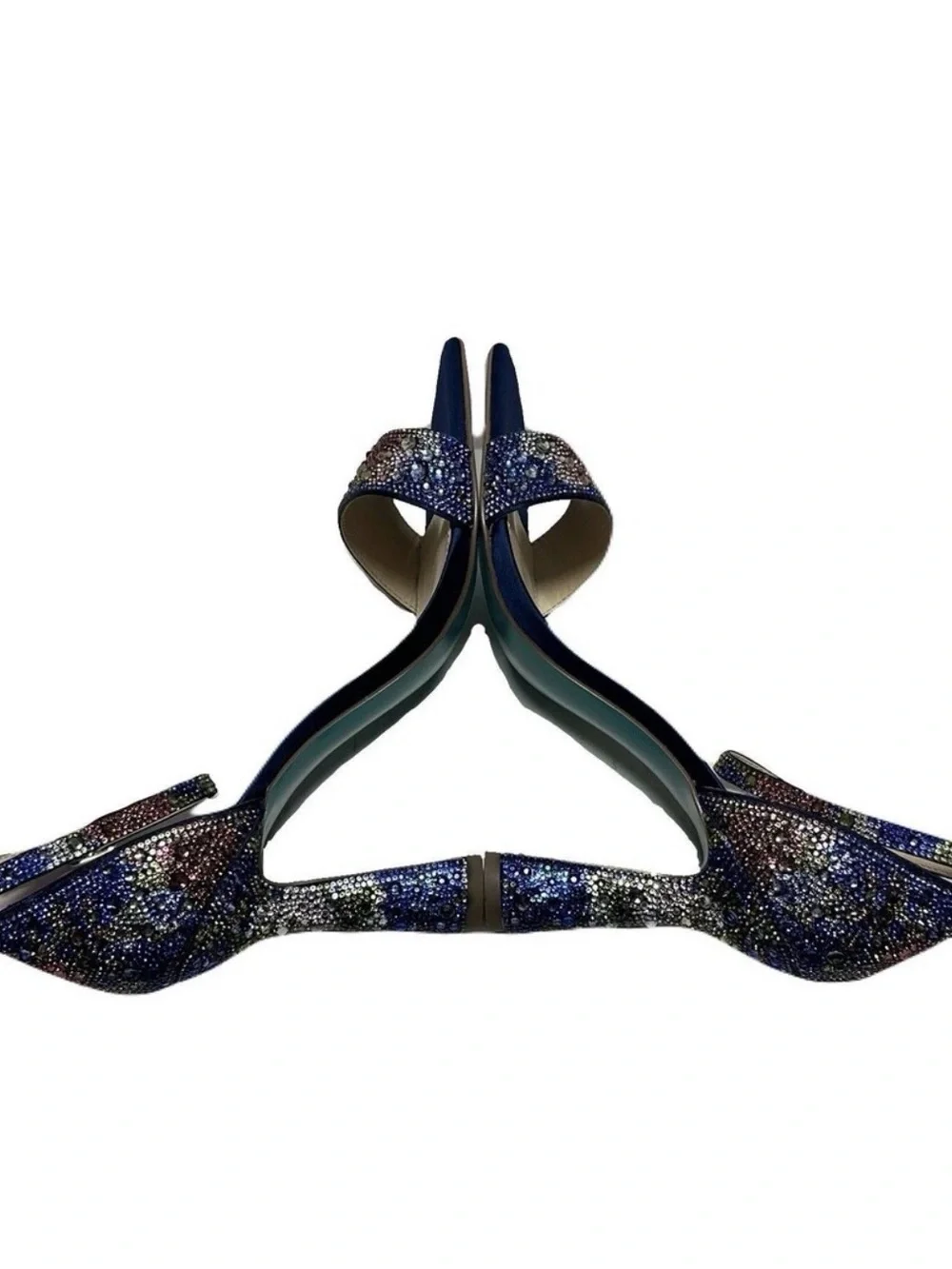 Betsey Johnson Navy Satin Multi-Crystal Ankle Strap Block Heel